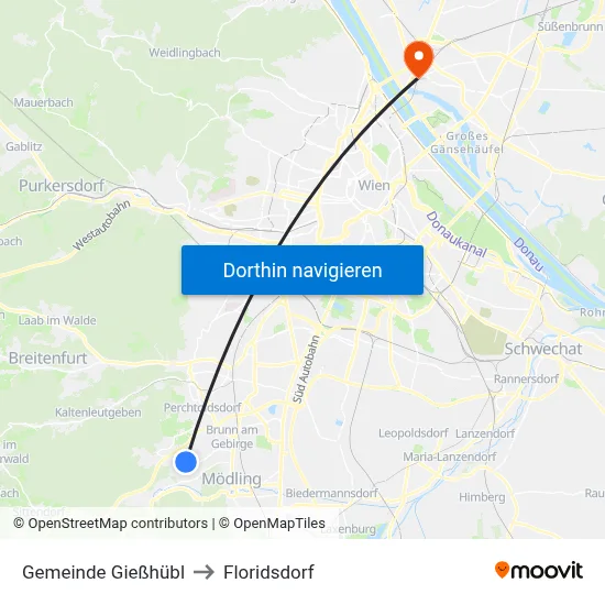 Gemeinde Gießhübl to Floridsdorf map