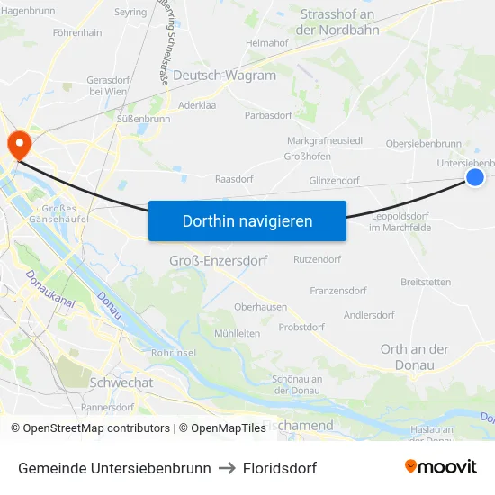 Gemeinde Untersiebenbrunn to Floridsdorf map