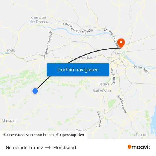 Gemeinde Türnitz to Floridsdorf map
