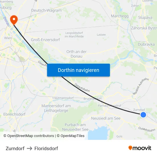 Zurndorf to Floridsdorf map