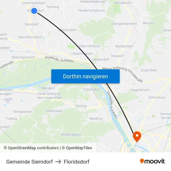 Gemeinde Sierndorf to Floridsdorf map