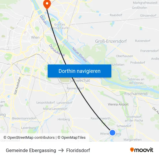 Gemeinde Ebergassing to Floridsdorf map
