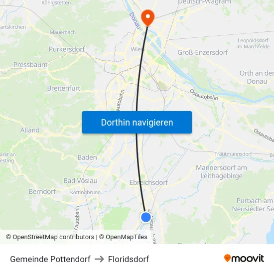 Gemeinde Pottendorf to Floridsdorf map
