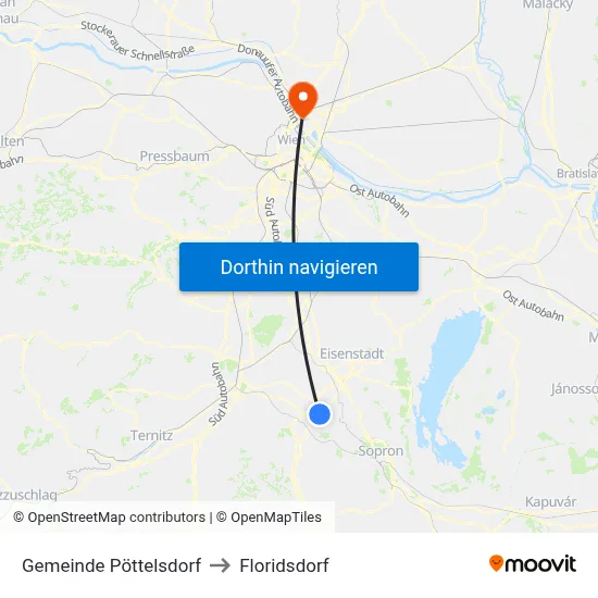 Gemeinde Pöttelsdorf to Floridsdorf map