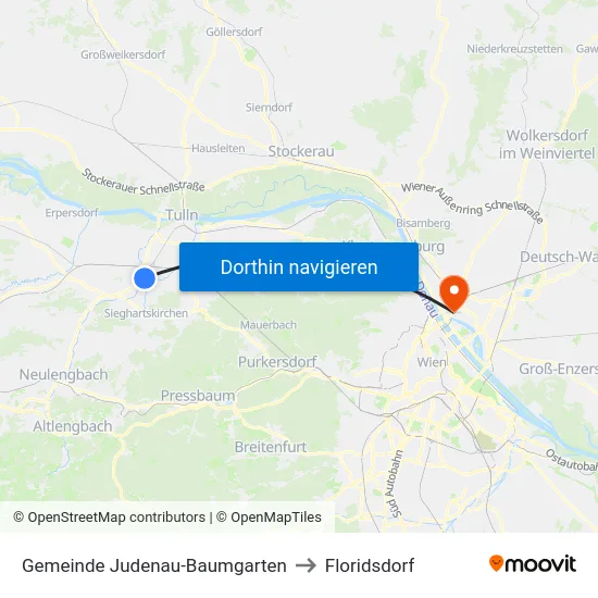 Gemeinde Judenau-Baumgarten to Floridsdorf map