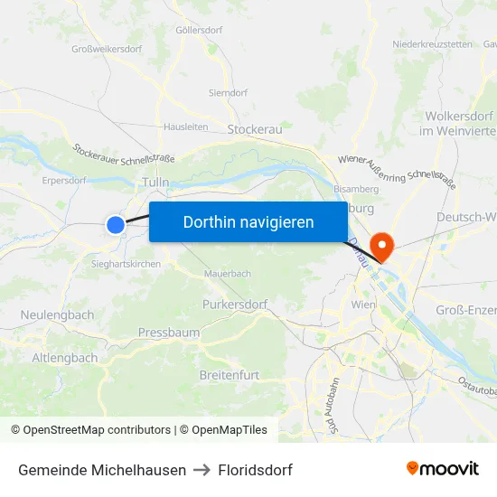 Gemeinde Michelhausen to Floridsdorf map