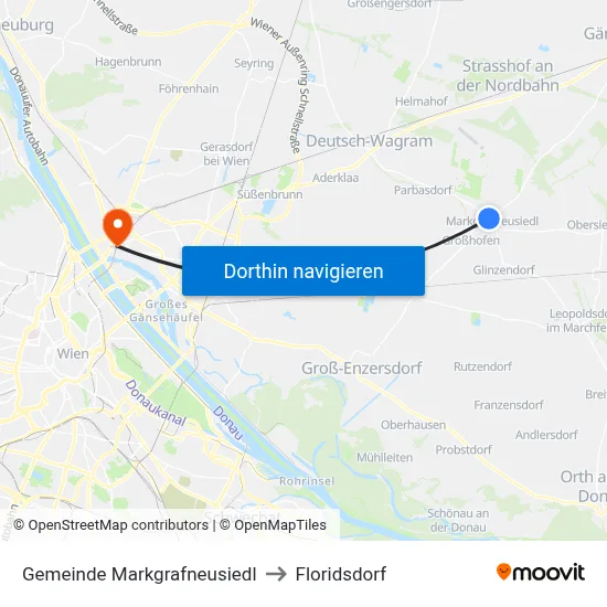 Gemeinde Markgrafneusiedl to Floridsdorf map