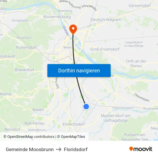 Gemeinde Moosbrunn to Floridsdorf map