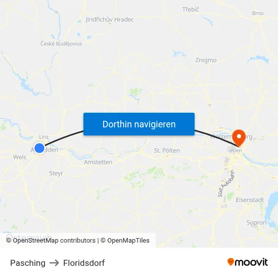 Pasching to Floridsdorf map