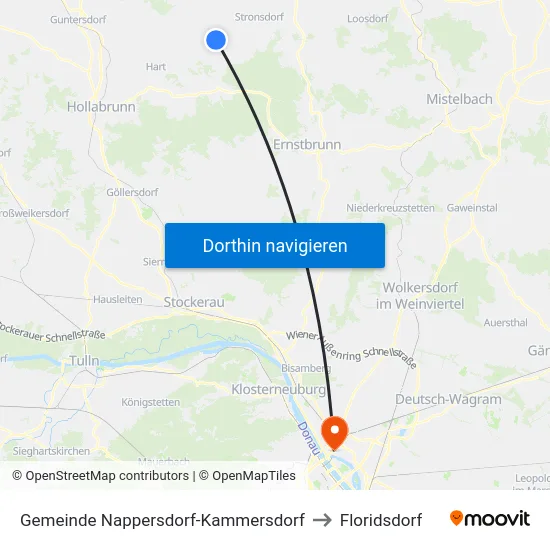Gemeinde Nappersdorf-Kammersdorf to Floridsdorf map