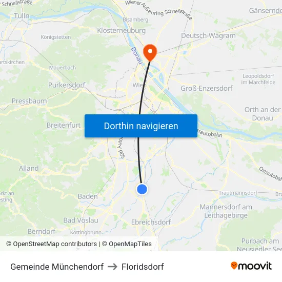 Gemeinde Münchendorf to Floridsdorf map