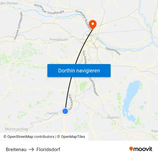 Breitenau to Floridsdorf map