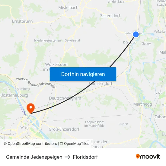 Gemeinde Jedenspeigen to Floridsdorf map