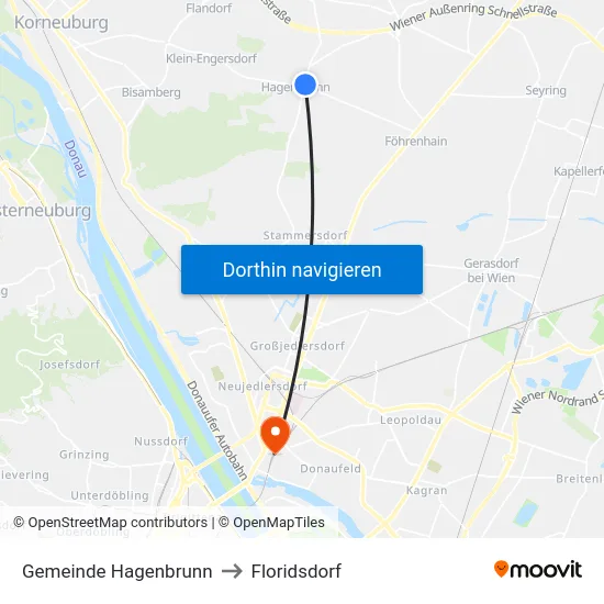 Gemeinde Hagenbrunn to Floridsdorf map