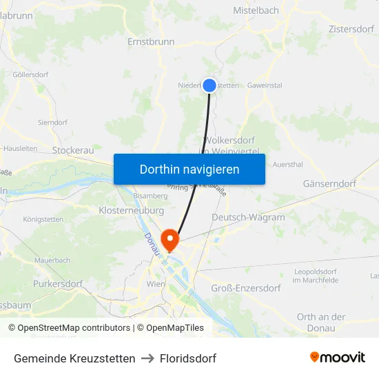 Gemeinde Kreuzstetten to Floridsdorf map