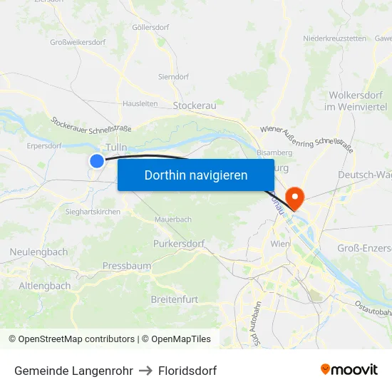 Gemeinde Langenrohr to Floridsdorf map