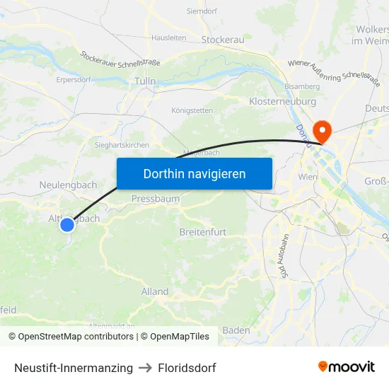 Neustift-Innermanzing to Floridsdorf map