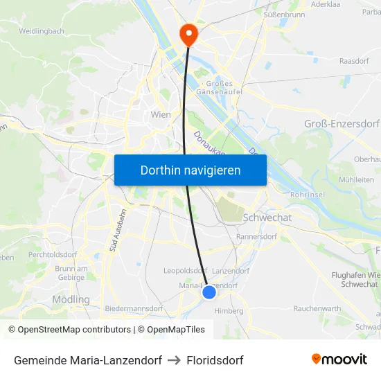 Gemeinde Maria-Lanzendorf to Floridsdorf map