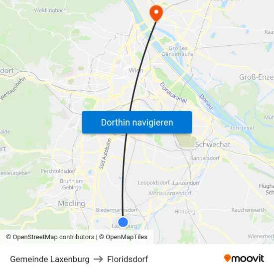 Gemeinde Laxenburg to Floridsdorf map