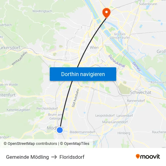 Gemeinde Mödling to Floridsdorf map