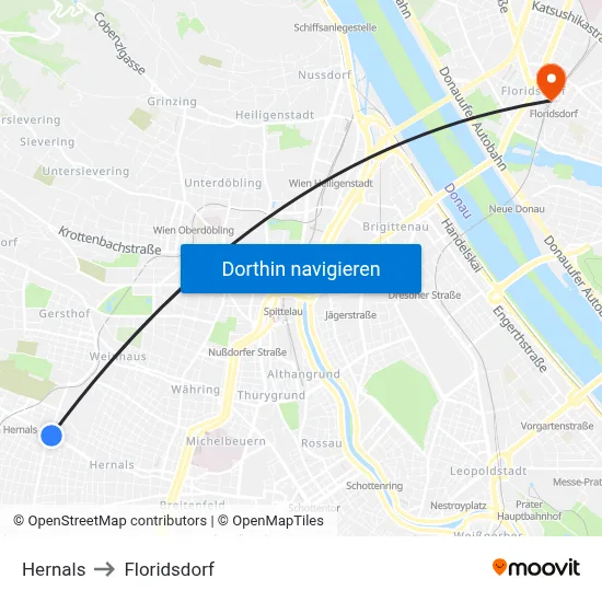 Hernals to Floridsdorf map