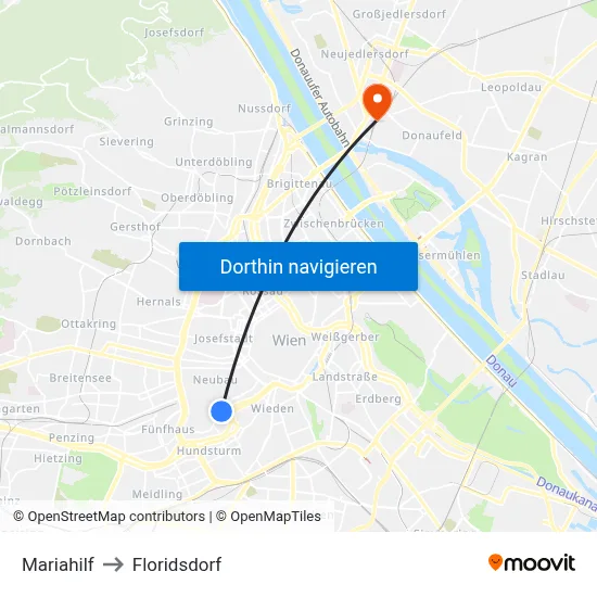 Mariahilf to Floridsdorf map