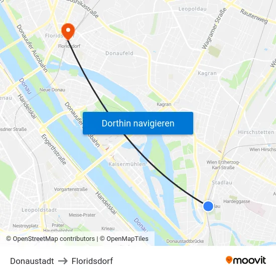 Donaustadt to Floridsdorf map
