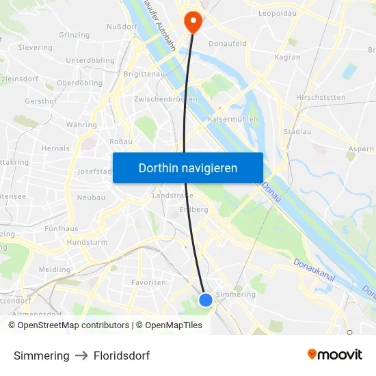 Simmering to Floridsdorf map