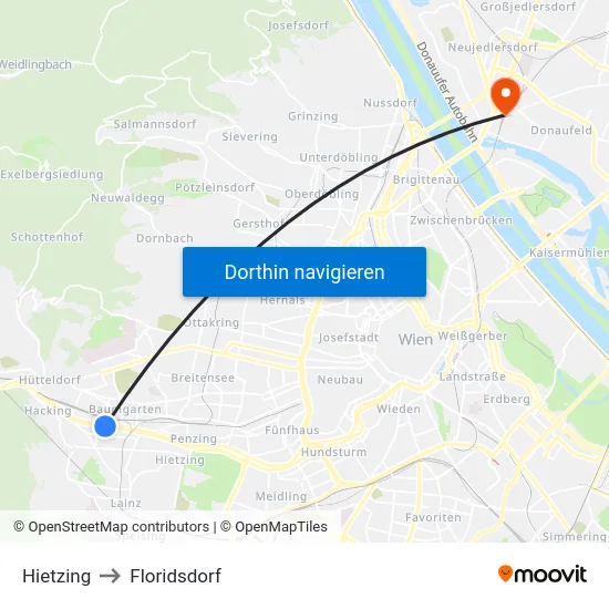Hietzing to Floridsdorf map