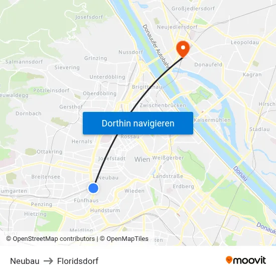Neubau to Floridsdorf map