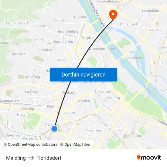 Meidling to Floridsdorf map