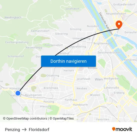 Penzing to Floridsdorf map