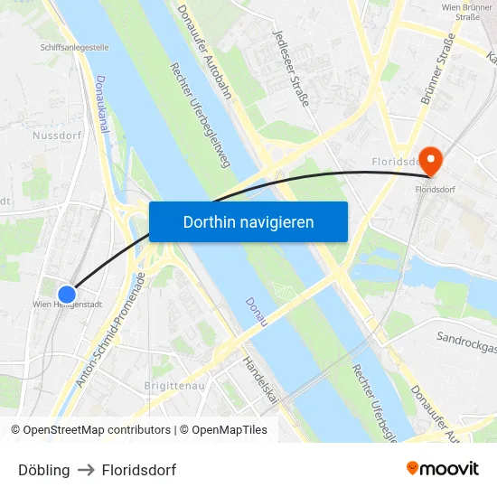 Döbling to Floridsdorf map