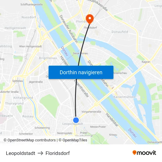 Leopoldstadt to Floridsdorf map