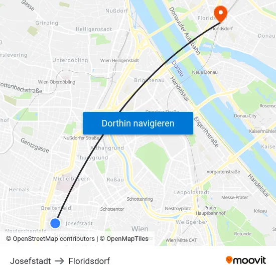 Josefstadt to Floridsdorf map