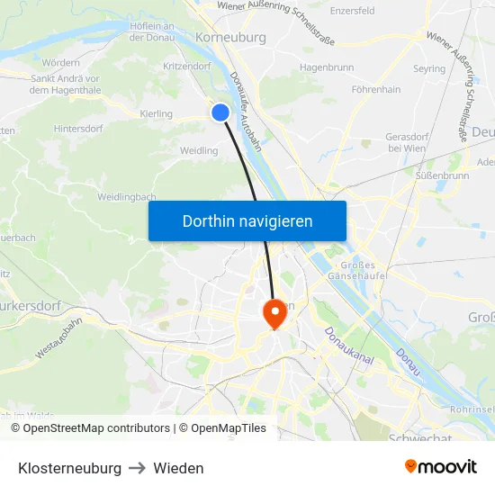 Klosterneuburg to Wieden map
