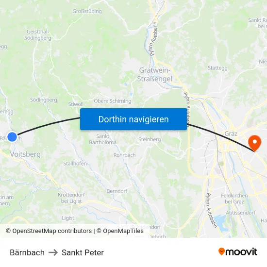 Bärnbach to Sankt Peter map