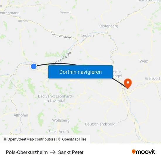 Pöls-Oberkurzheim to Sankt Peter map