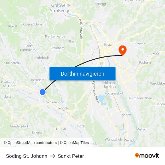 Söding-St. Johann to Sankt Peter map