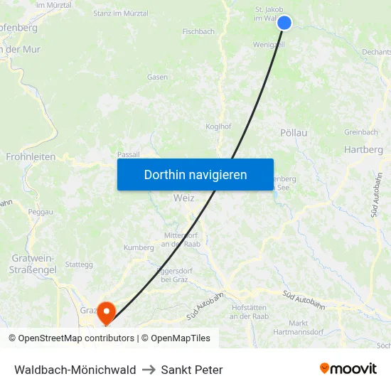Waldbach-Mönichwald to Sankt Peter map