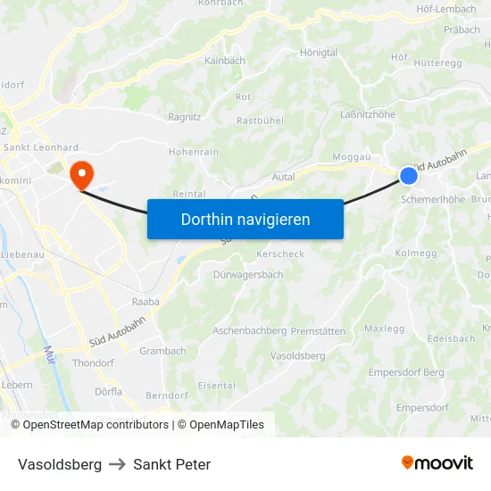 Vasoldsberg to Sankt Peter map