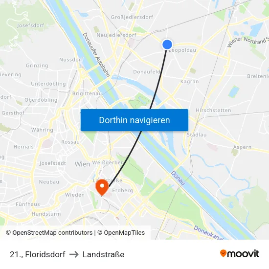 21., Floridsdorf to Landstraße map
