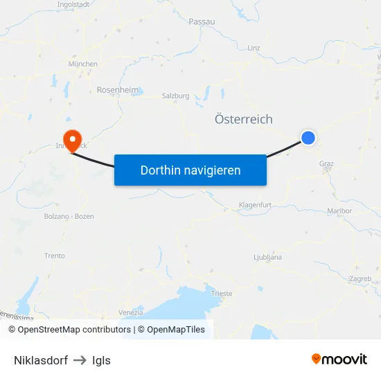Niklasdorf to Igls map