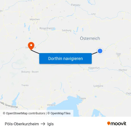 Pöls-Oberkurzheim to Igls map