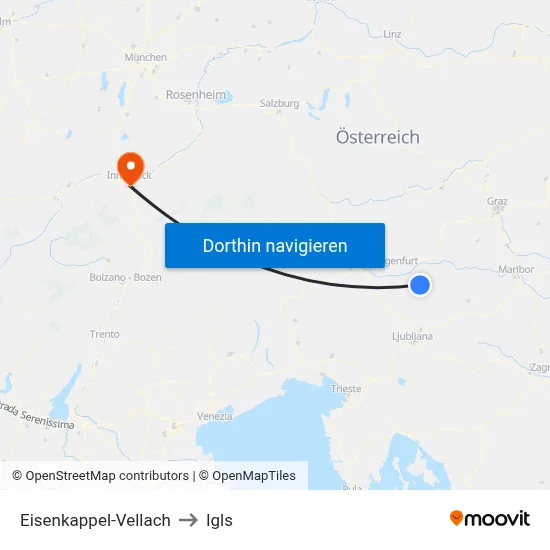 Eisenkappel-Vellach to Igls map