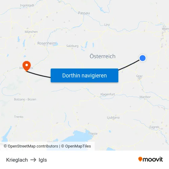 Krieglach to Igls map