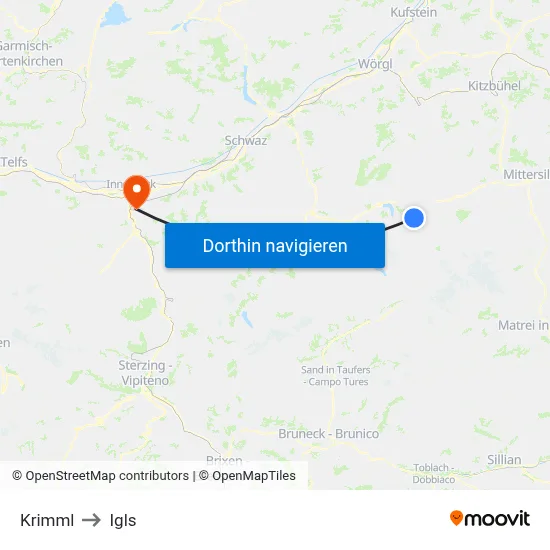 Krimml to Igls map