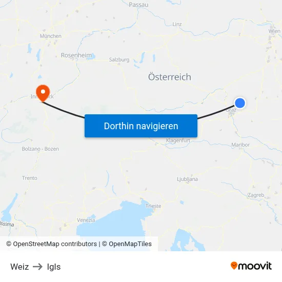 Weiz to Igls map