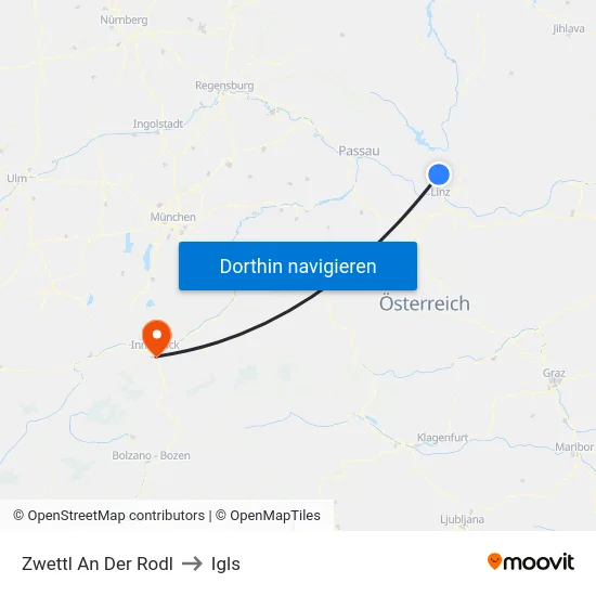 Zwettl An Der Rodl to Igls map