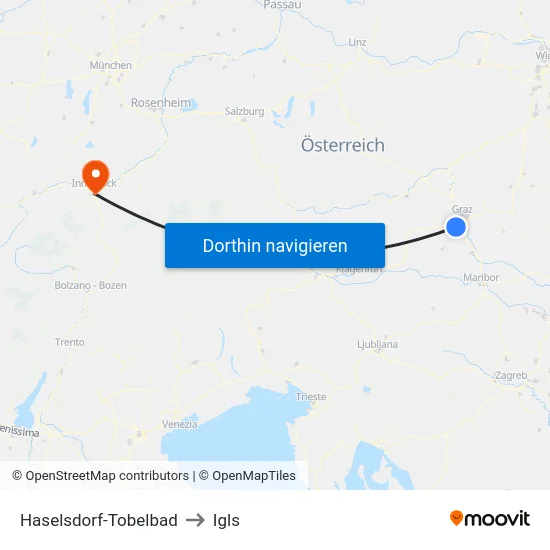Haselsdorf-Tobelbad to Igls map